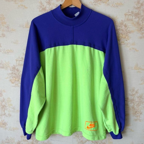 Nike Other - Vintage 80s 90s Nike retro neon green blue mock neck color block sweatshirt L